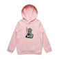 Kids pink hooded jumper with black and white Tiki character design, perfect for playful fashion and unique look.