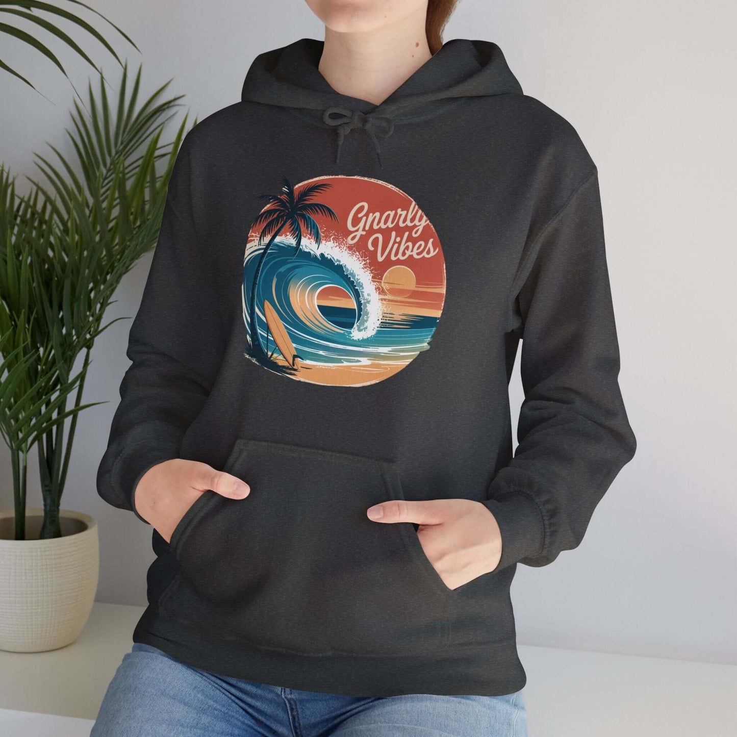 Unisex vintage sunset beach hoodie with gnarly vibes and big wave design, perfect for surf culture enthusiasts.