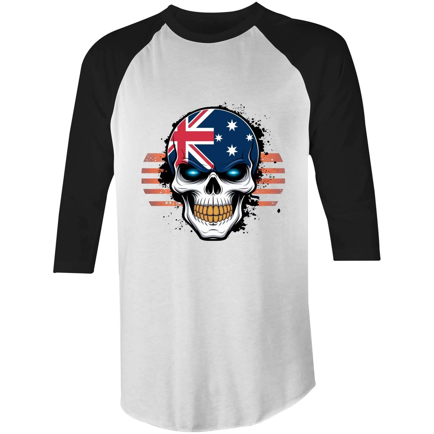 Retro Australian flag skull t-shirt with glowing blue eyes and gold teeth, perfect for Australia Day celebrations.