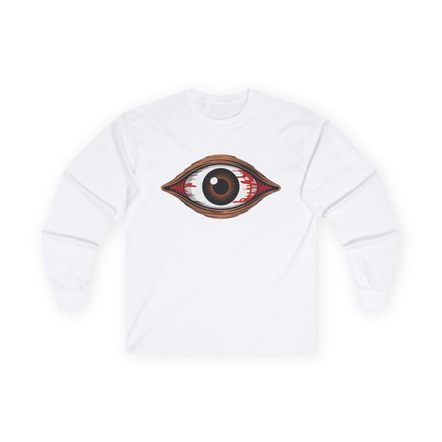 White long sleeve shirt featuring a spooky brown eye design, perfect for music festivals and Halloween.