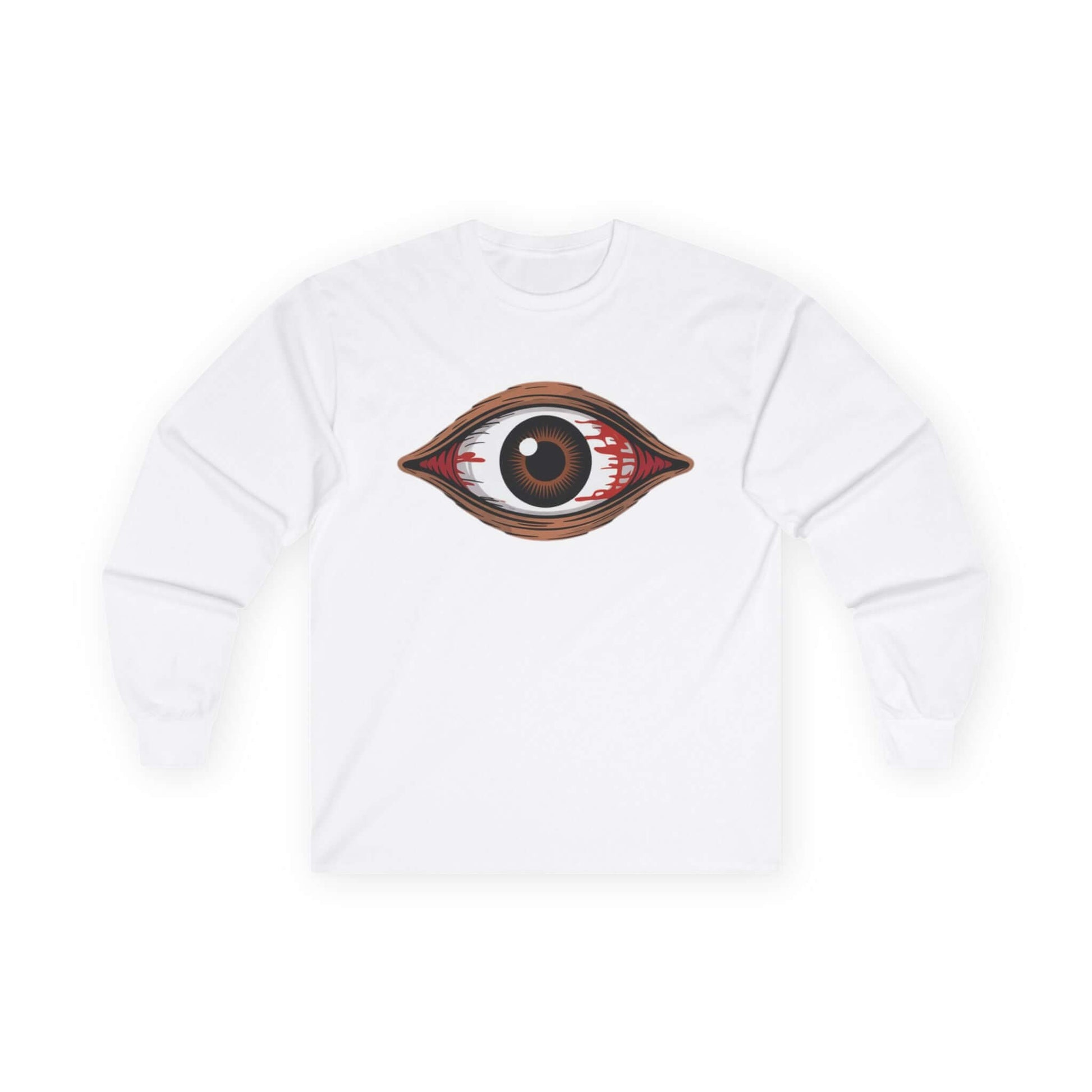White long sleeve shirt featuring a spooky brown eye design, perfect for music festivals and Halloween.