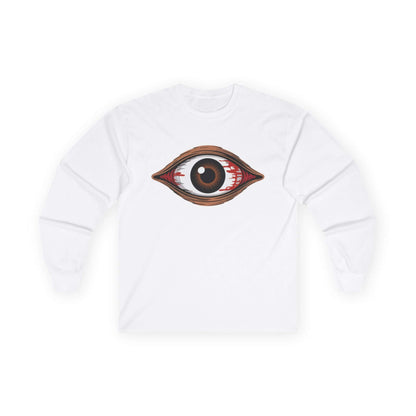 White long sleeve shirt featuring a spooky brown eye design, perfect for music festivals and Halloween.