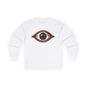 White long sleeve shirt featuring a spooky brown eye design, perfect for music festivals and Halloween.