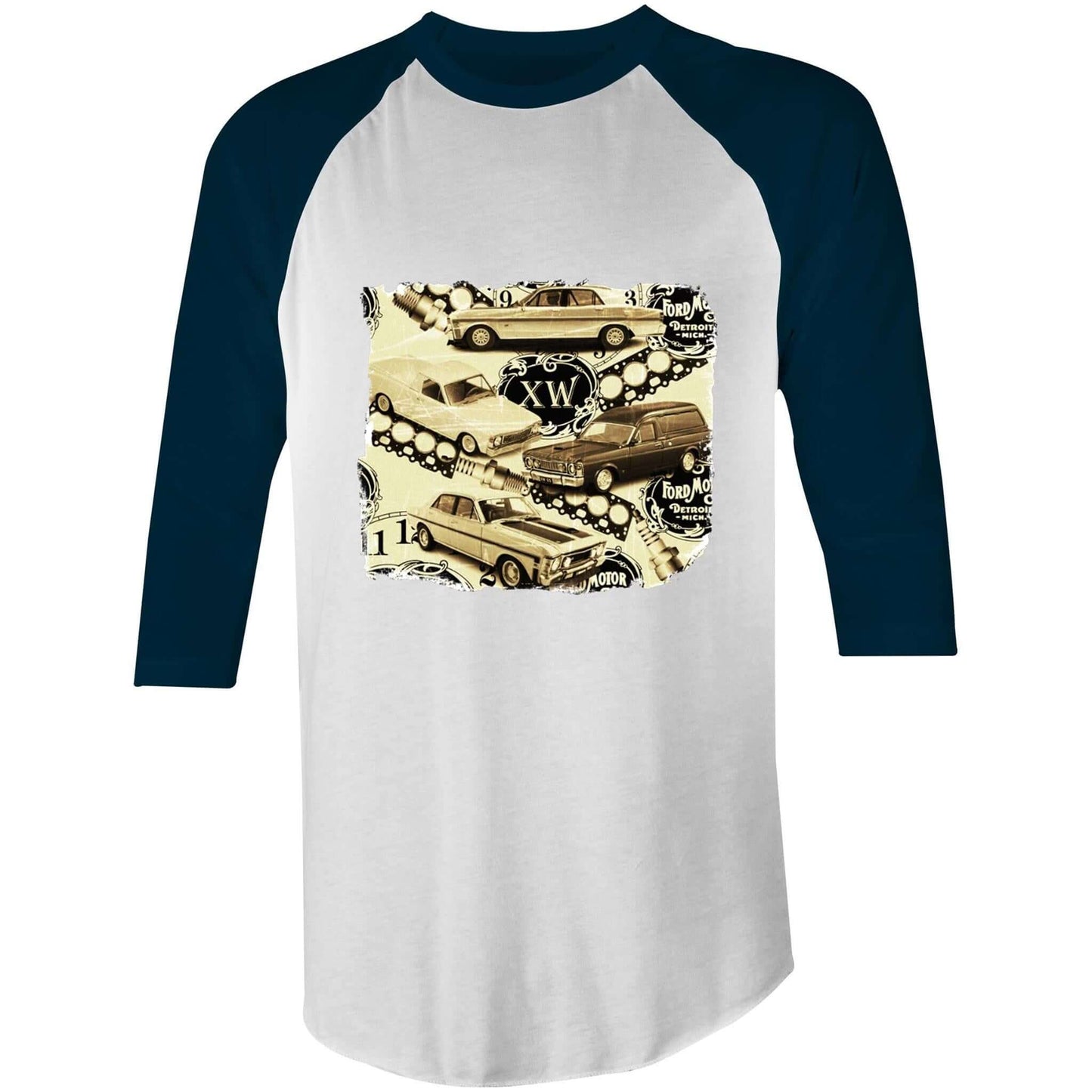 Vintage Ford 3/4 sleeve t-shirt featuring iconic XW Falcon muscle cars design, perfect for retro car enthusiasts.