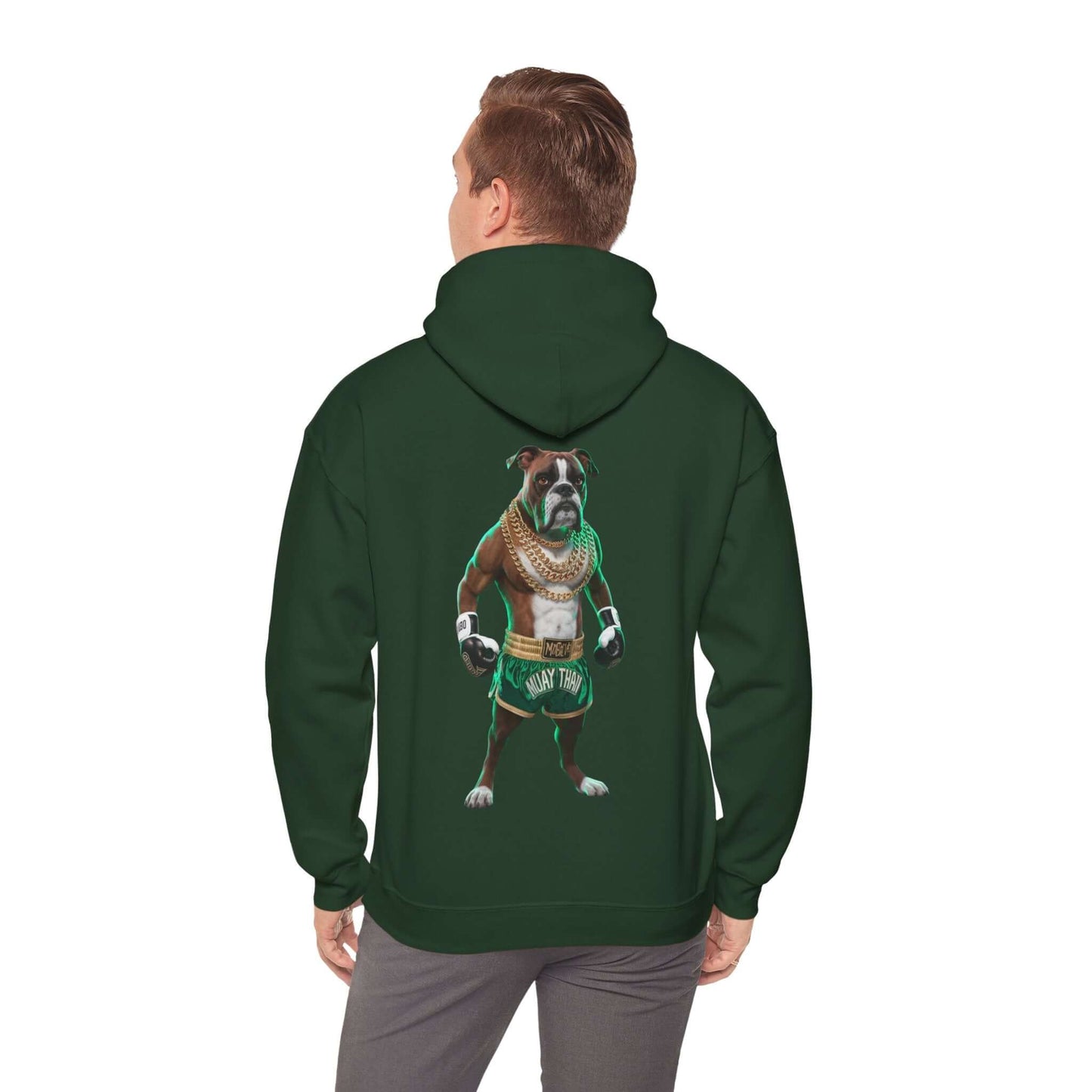 Hooded sweatshirt featuring a boxer dog dressed as a Muay Thai fighter with gold chains, perfect for dog lovers.