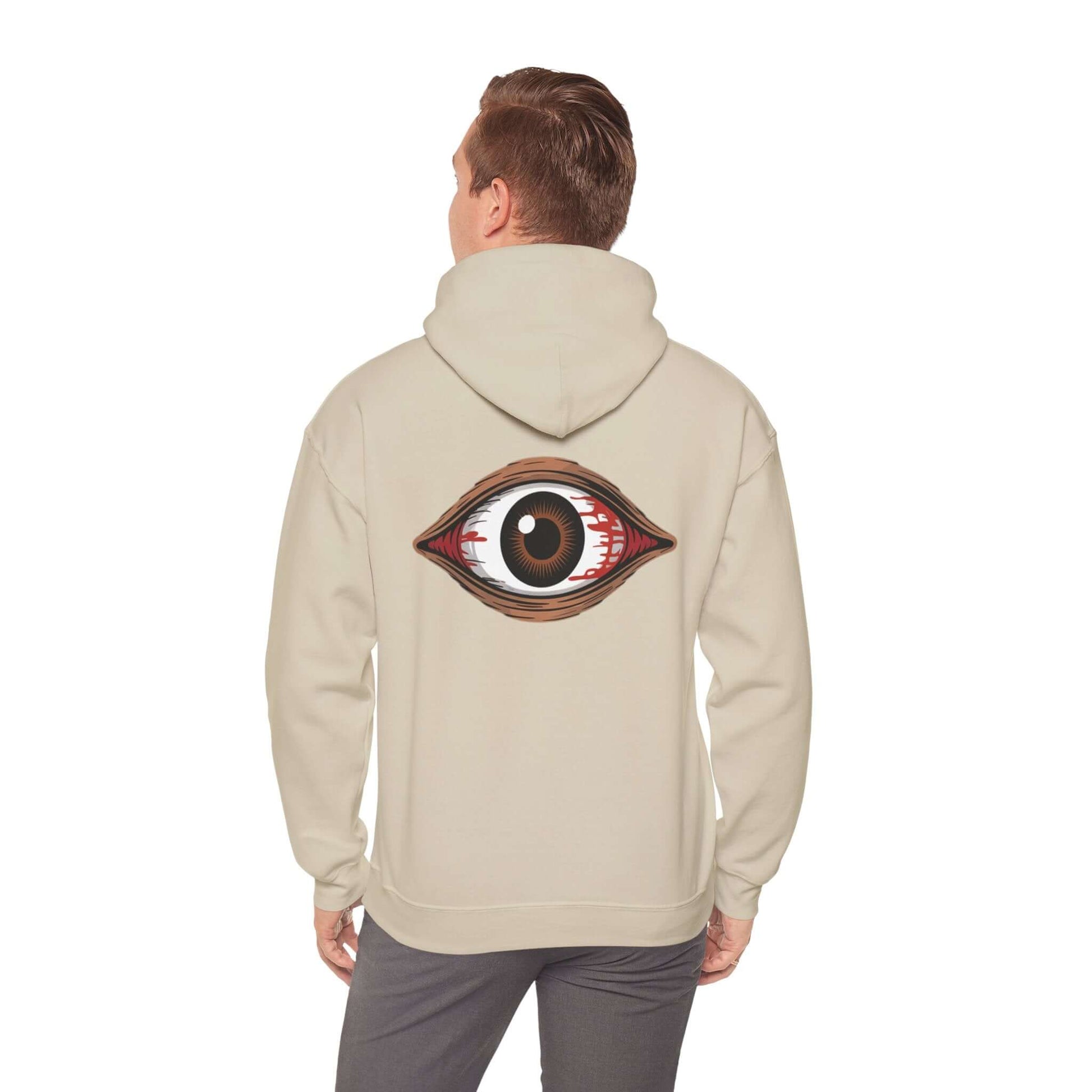 Unisex hoodie with a spooky bloody brown eye design, perfect for music festivals and Halloween celebrations.
