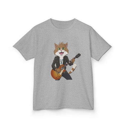 Kid's T-shirt with Rock and Roll Cat Playing Guitar design for children, perfect for music and cat lovers.