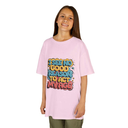 Colorful graffiti style kids t-shirt featuring the quote 'I see no good reason to act my age'.