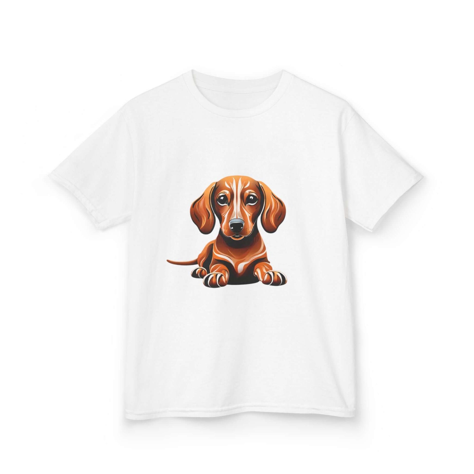 Cute tan Dachshund puppy - Sausage dog graphic on a white Kid's T-shirt for dog lovers and animal lovers.