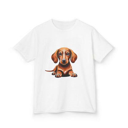 Cute tan Dachshund puppy - Sausage dog graphic on a white Kid's T-shirt for dog lovers and animal lovers.