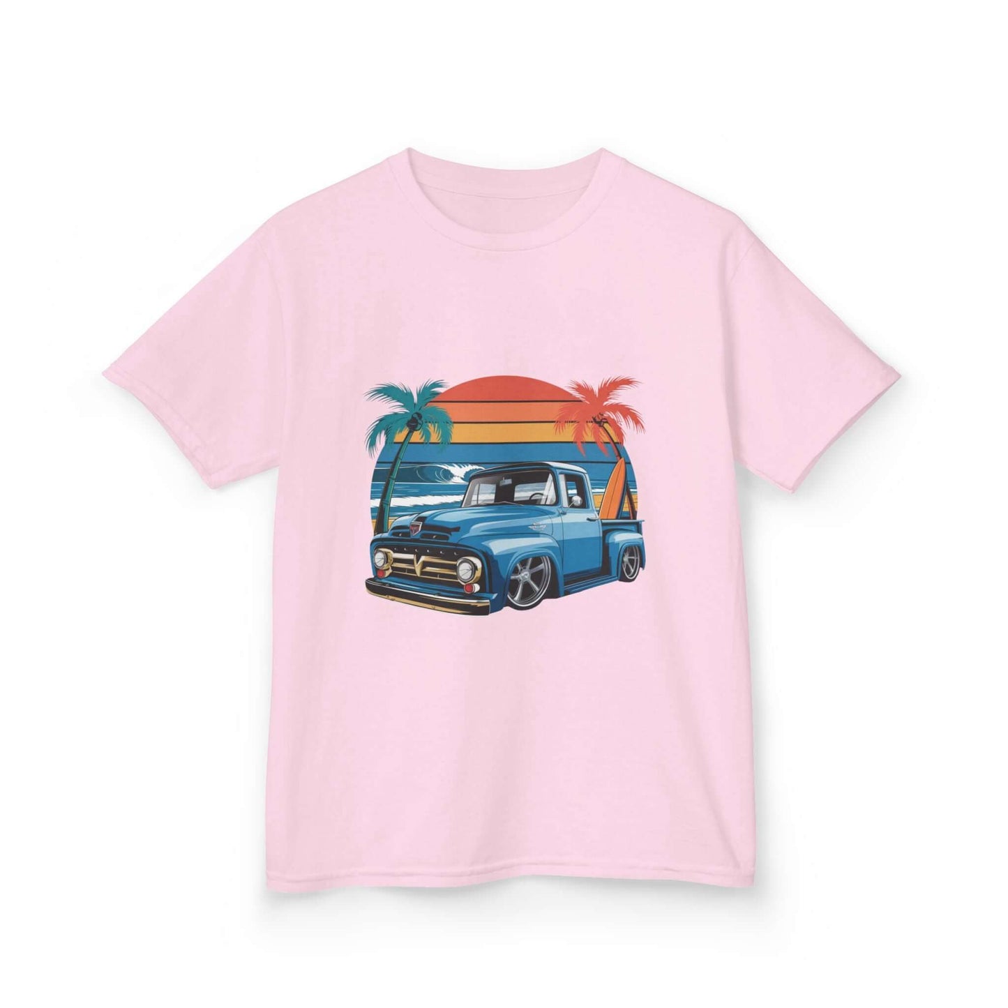 Retro kids T-shirt with custom vintage pickup truck design, sunset beach vibe, perfect for car lovers.