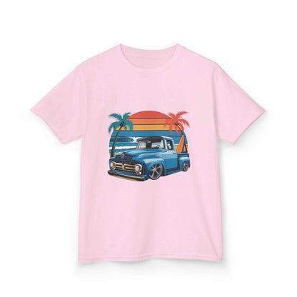 Retro kids T-shirt with custom vintage pickup truck design, sunset beach vibe, perfect for car lovers.