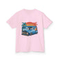 Retro kids T-shirt with custom vintage pickup truck design, sunset beach vibe, perfect for car lovers.