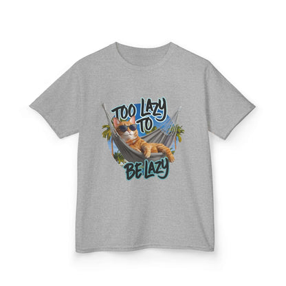 Kids tee with lazy cat at the beach design and 'Too Lazy to Be Lazy' text, perfect for summer vibes and animal lovers.