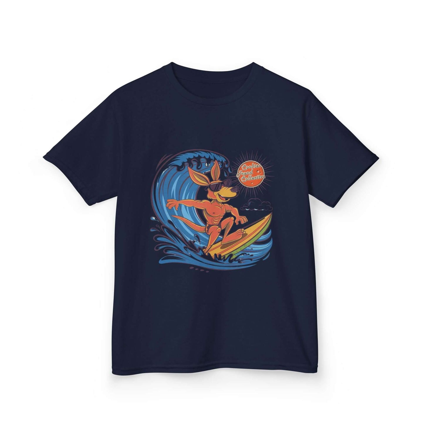Navy Kid's T-shirt with cool kangaroo surfing a wave design, ideal for beach lovers and summer vibes.