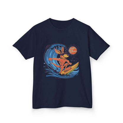 Navy Kid's T-shirt with cool kangaroo surfing a wave design, ideal for beach lovers and summer vibes.