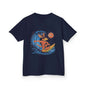 Navy Kid's T-shirt with cool kangaroo surfing a wave design, ideal for beach lovers and summer vibes.