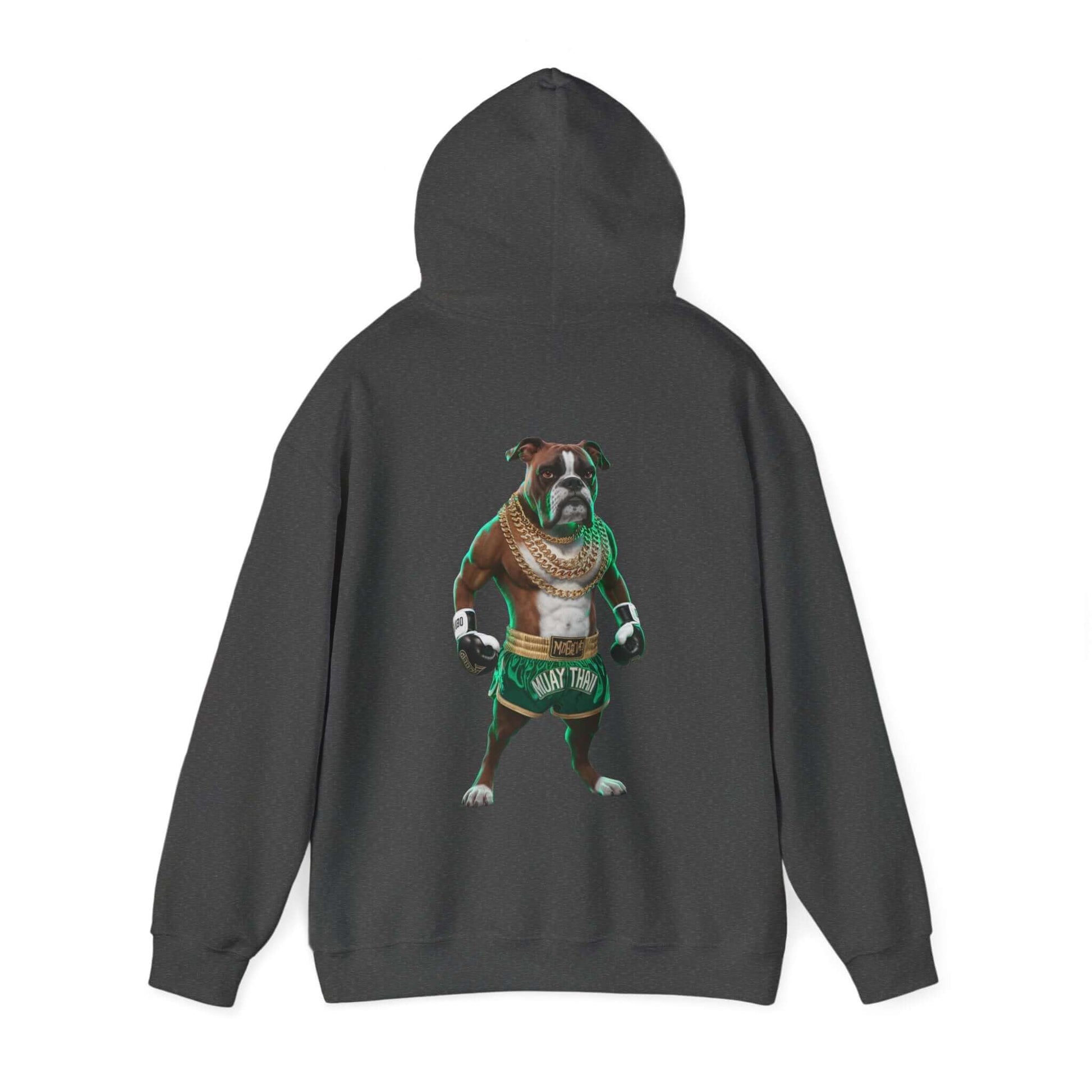 Boxer dog dressed in Muay Thai gear, standing upright with gold chains, on a hooded sweatshirt. Perfect for dog lovers.