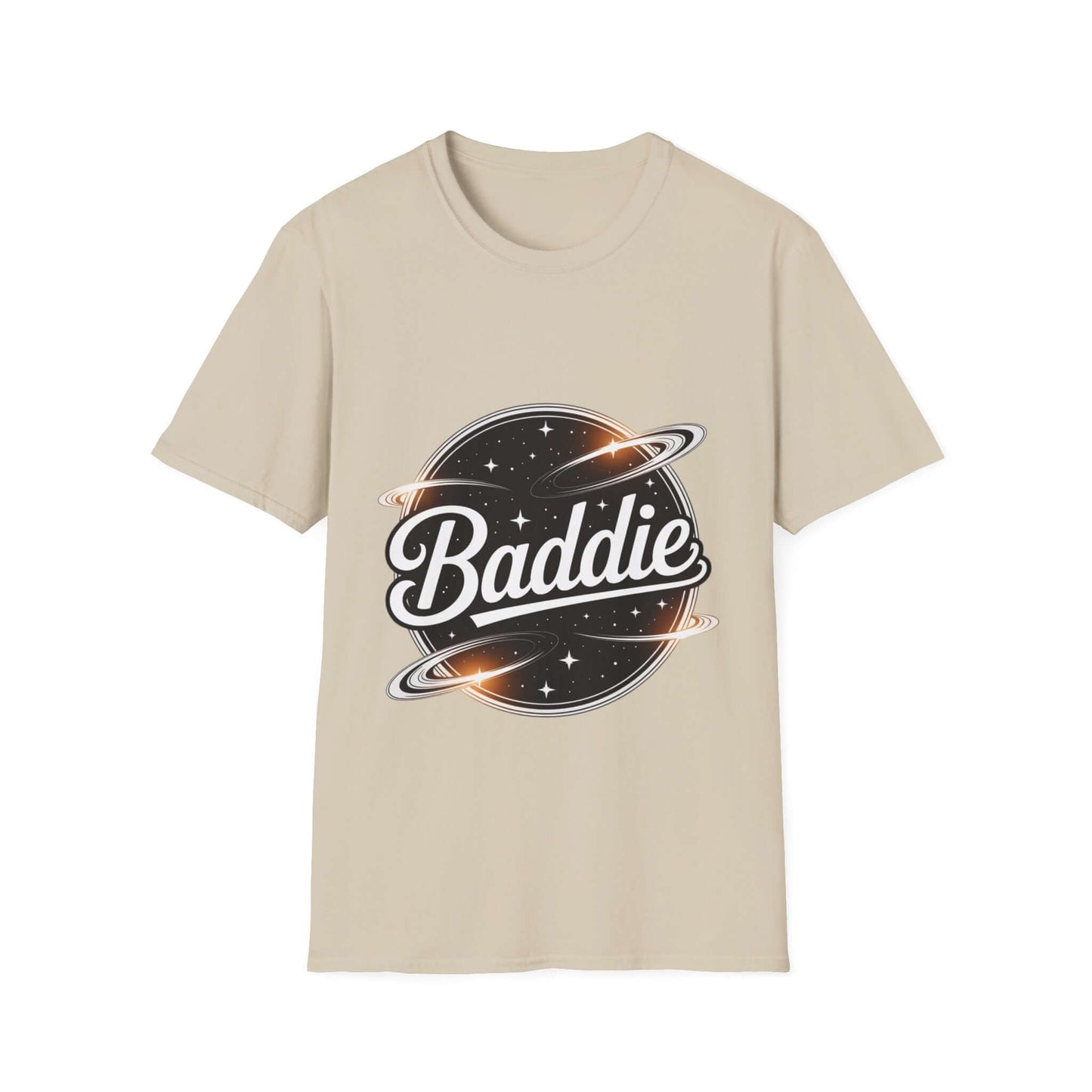 Unisex soft-style T-shirt featuring retro 'Baddie' universe design, perfect for trendy casual wear.