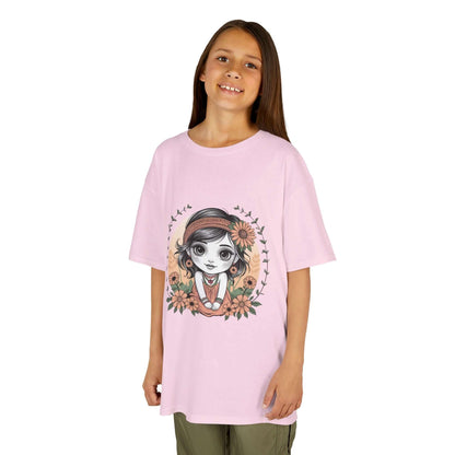 Cute chibi girl surrounded by flowers on a pink tee shirt, perfect for kids who love whimsical designs.
