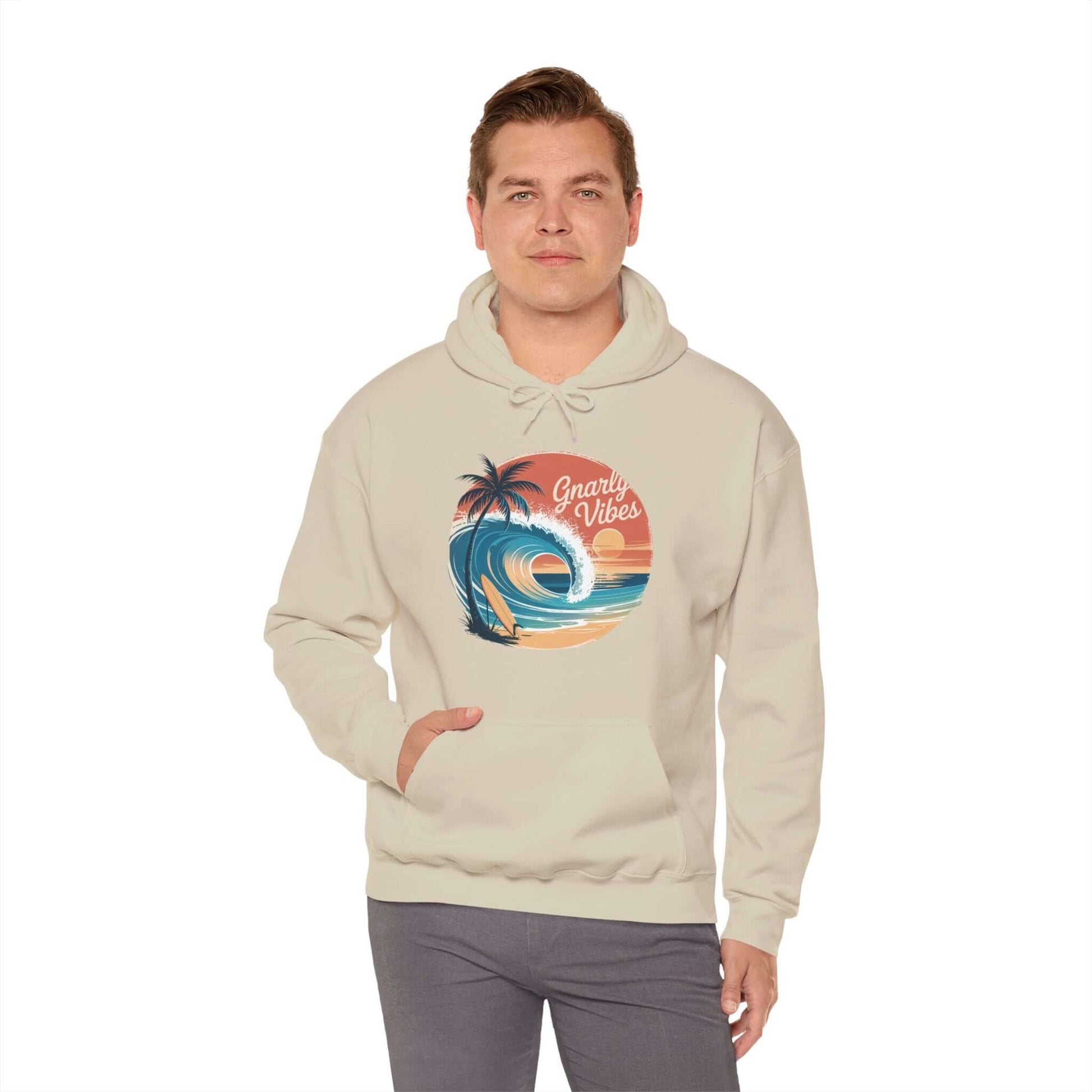 Unisex vintage hoodie with big wave and sunset beach graphic, showcasing gnarly vibes and surf culture.