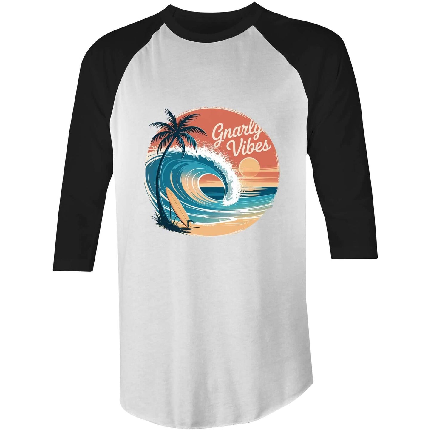 Unisex Vintage Sunset Beach 3/4 t-shirt with Gnarly Vibes surf culture design, big wave scene, and tropical sunset colors.