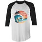 Unisex Vintage Sunset Beach 3/4 t-shirt with Gnarly Vibes surf culture design, big wave scene, and tropical sunset colors.