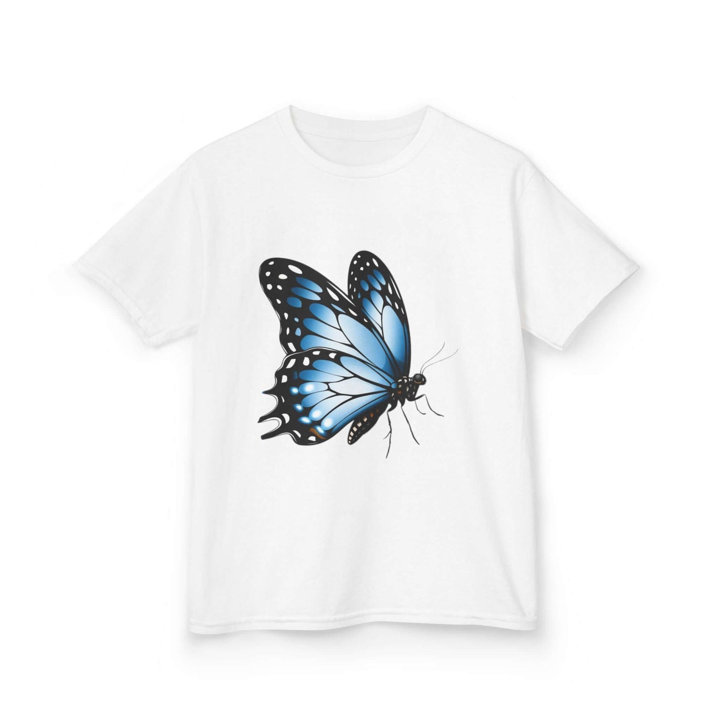 Kid's T-shirt featuring a beautiful blue butterfly design, perfect for nature and animal lovers.