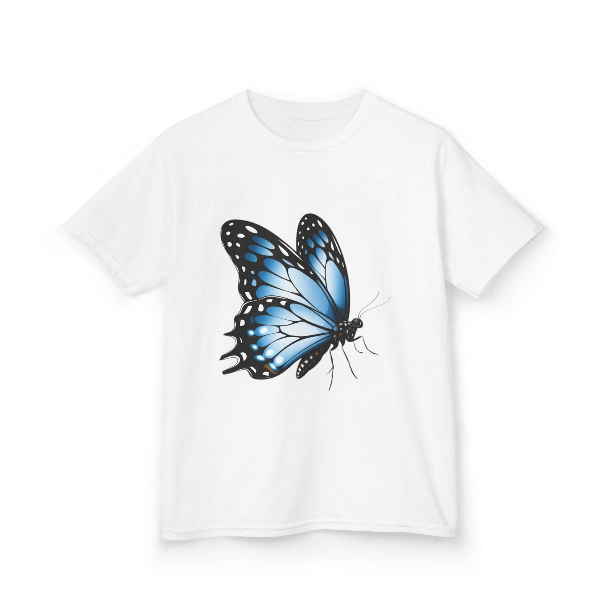 Kid's T-shirt featuring a beautiful blue butterfly design, perfect for nature and animal lovers.