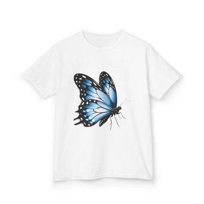 Kid's T-shirt featuring a beautiful blue butterfly design, perfect for nature and animal lovers.