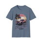 Vintage muscle car sunset T-shirt with 'Cruising Vibes' text and palm trees, perfect for retro style enthusiasts.