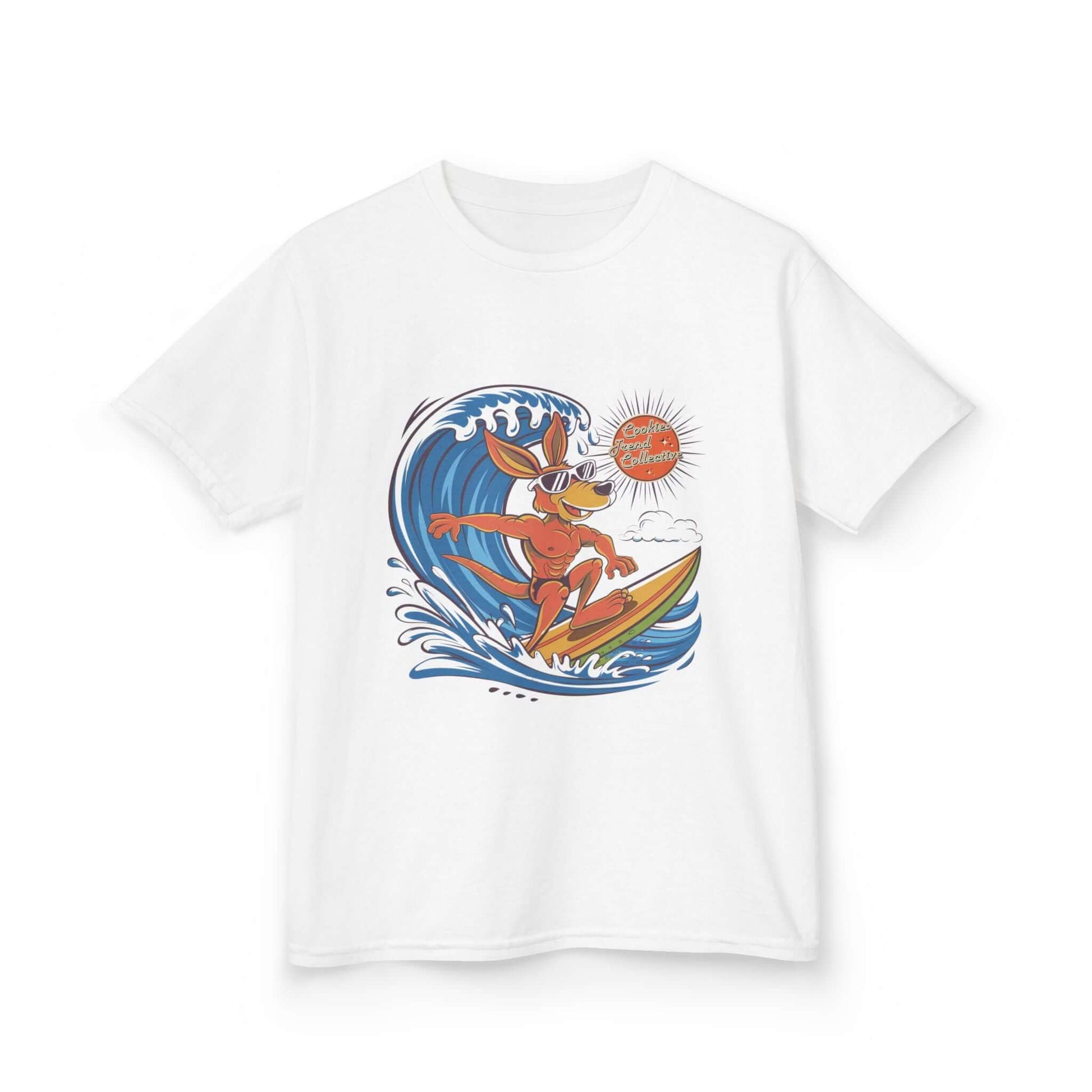 Kids tee featuring a cool kangaroo surfing design, perfect for beach lovers and summer vibes.