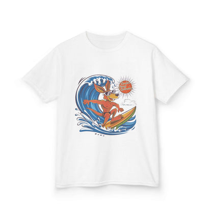 Kids tee featuring a cool kangaroo surfing design, perfect for beach lovers and summer vibes.