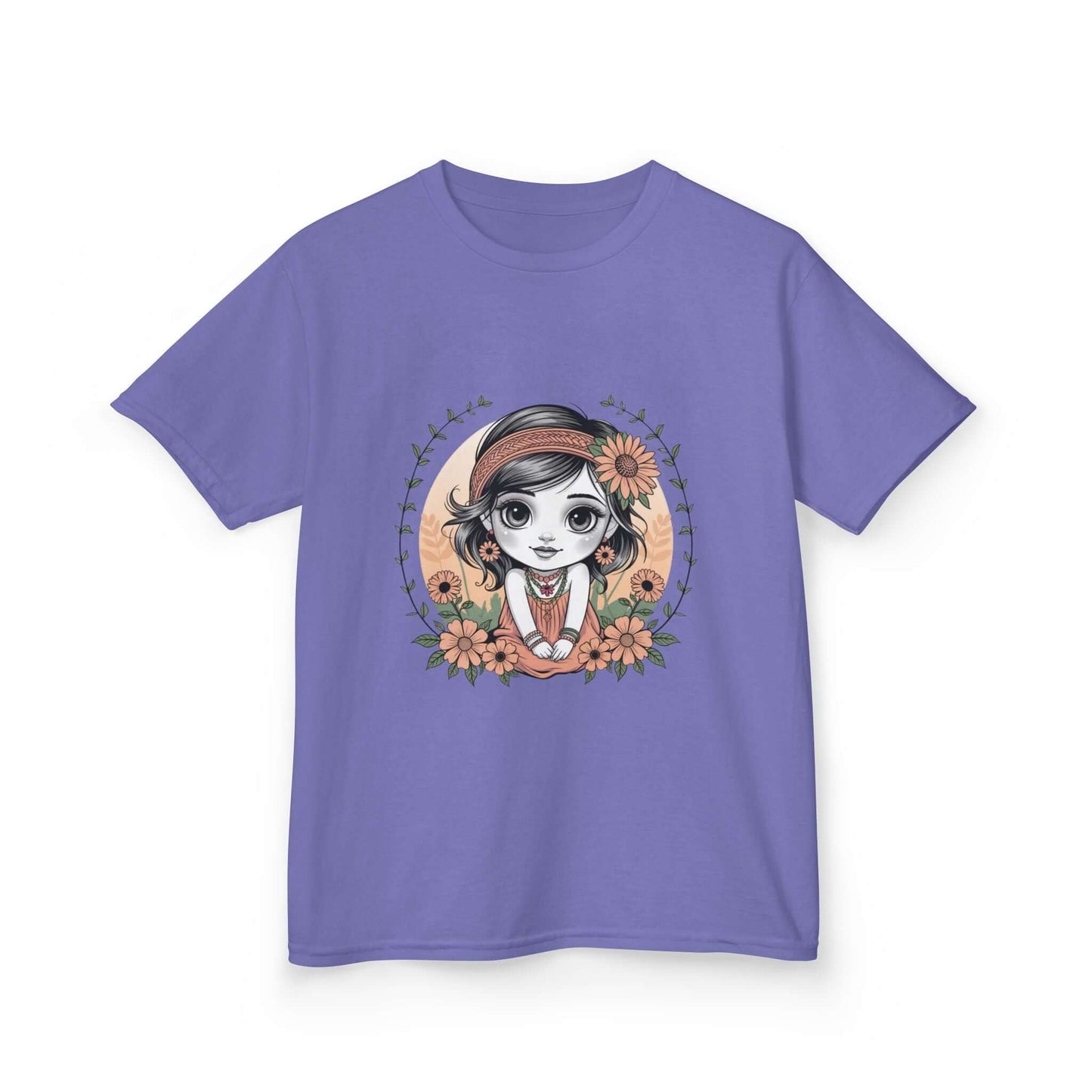 Cute chibi girl surrounded by flowers on a purple kids tee, perfect for young girls who love whimsical designs.