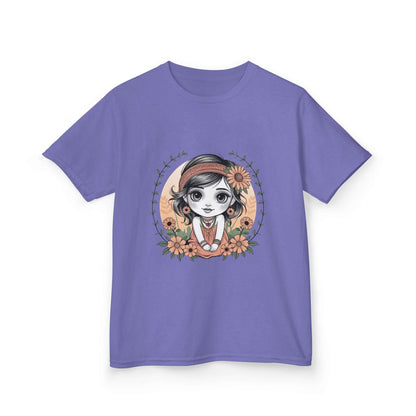 Cute chibi girl surrounded by flowers on a purple kids tee, perfect for young girls who love whimsical designs.