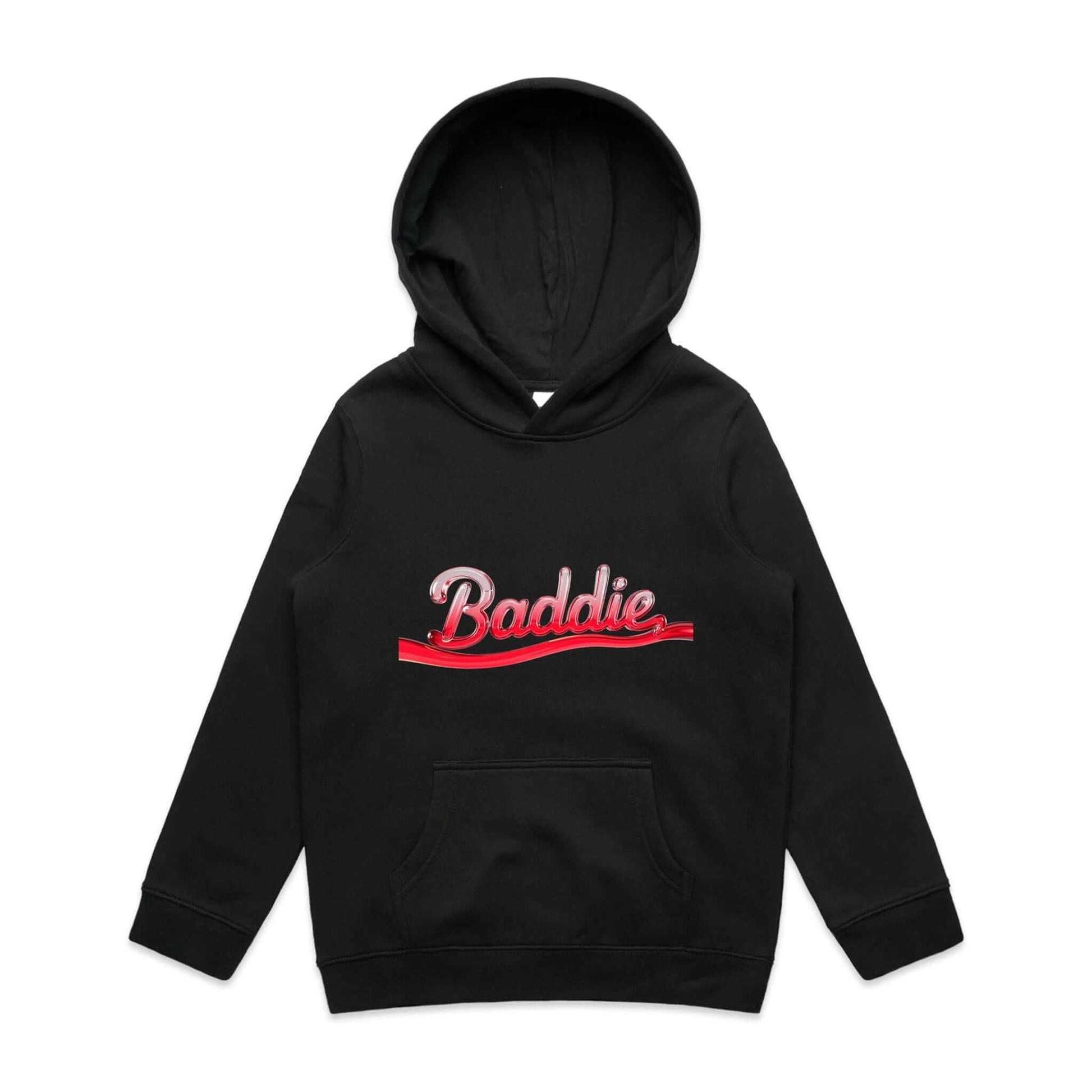 Kids black hoodie featuring a retro translucent red liquid text design that reads 'Baddie' for stylish winter wear.