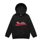 Kids black hoodie featuring a retro translucent red liquid text design that reads 'Baddie' for stylish winter wear.
