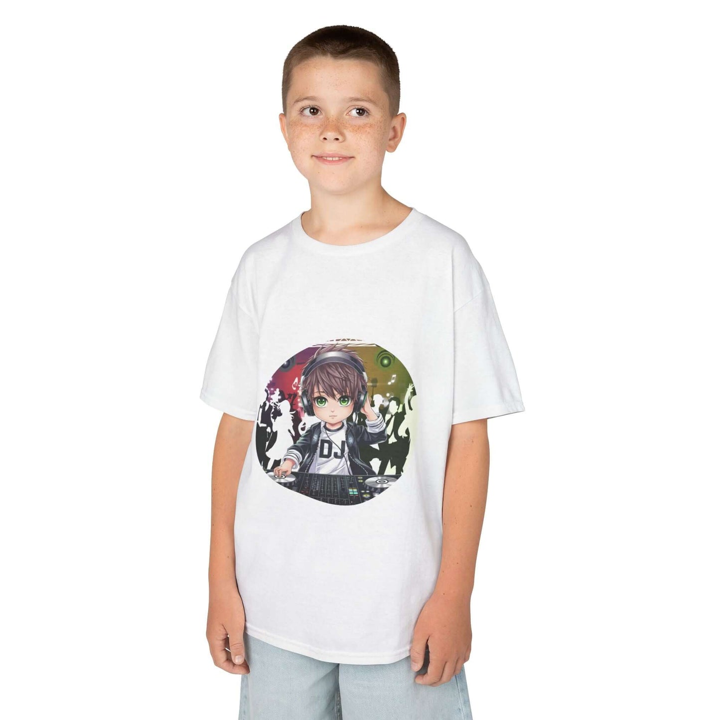 Kids T-Shirt with DJ chibi-style boy playing decks, perfect for young music lovers and party-goers.