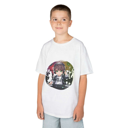 Kids T-Shirt with DJ chibi-style boy playing decks, perfect for young music lovers and party-goers.