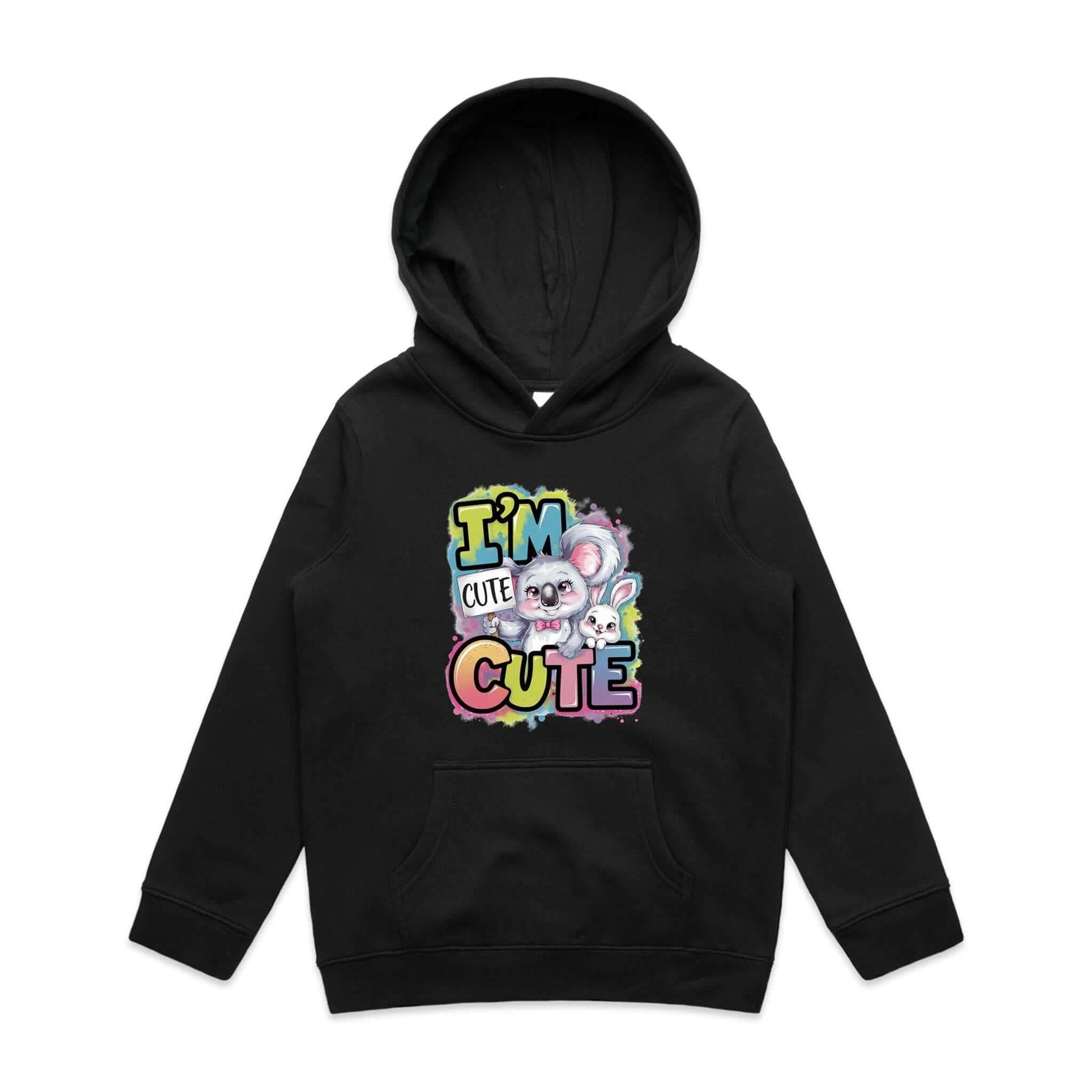 Kid's hoodie featuring cute koala and bunny design with text "I'm Cute" in colorful print, perfect for baby fashion.