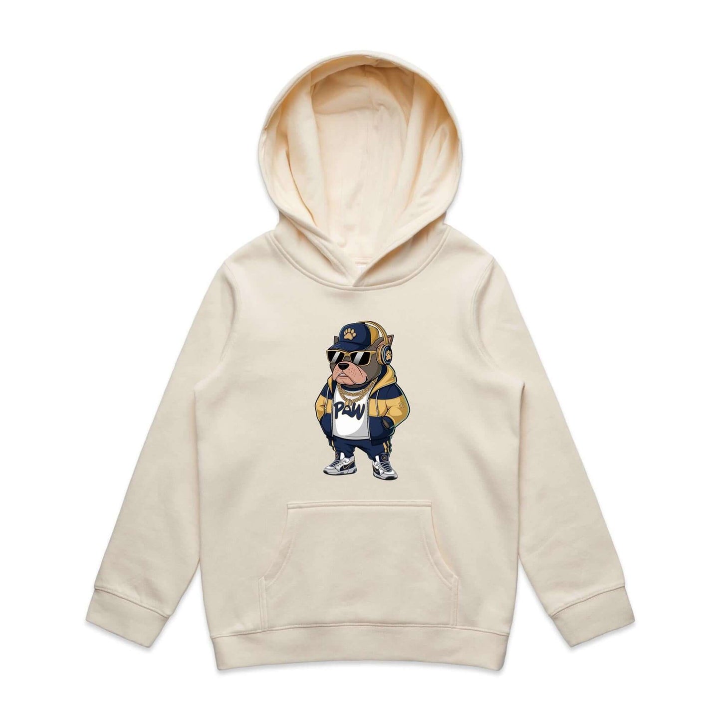 AS Colour kid's hoodie featuring gangster Pit Bull Dog in headphones, hoodie, sunglasses, and gold chains.