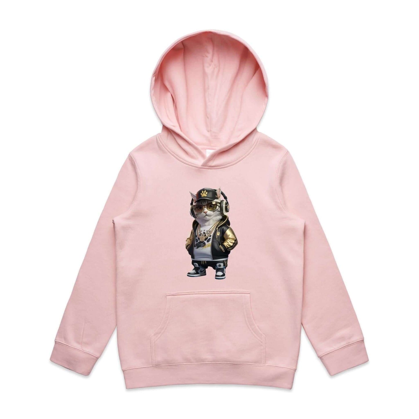 Cute pink kid's hoodie featuring a cool hip hop cat in sunglasses and gold chains, perfect for cat lovers.