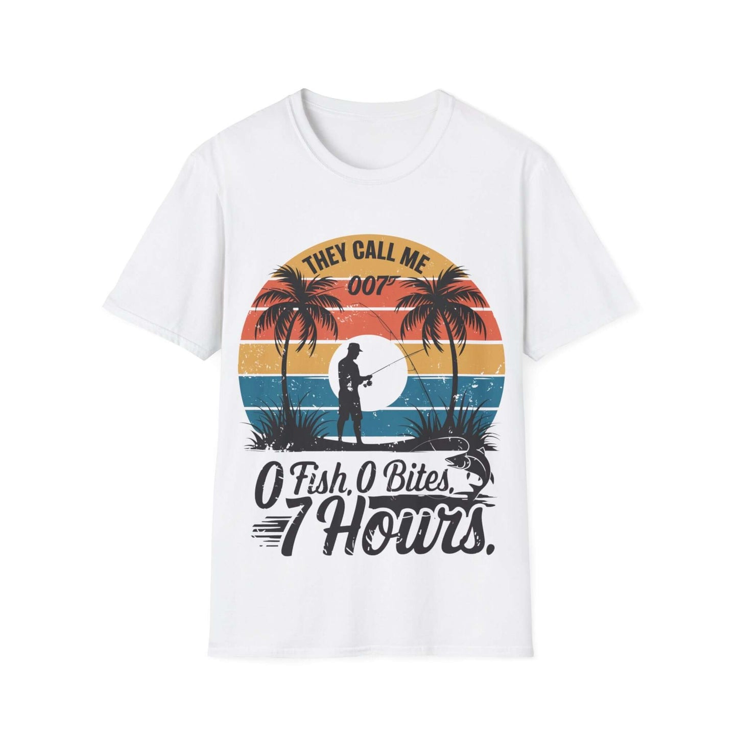 Retro funny fishing quote shirt with palm trees and 'They call me 007 0 Fish 0 Bites 7 Hours' design