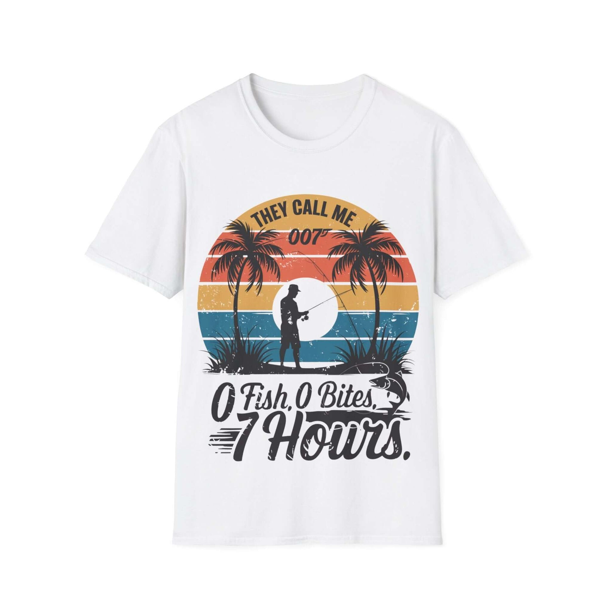 Retro funny fishing quote shirt with palm trees and 'They call me 007 0 Fish 0 Bites 7 Hours' design