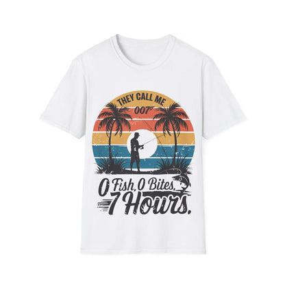 Retro funny fishing quote shirt with palm trees and 'They call me 007 0 Fish 0 Bites 7 Hours' design