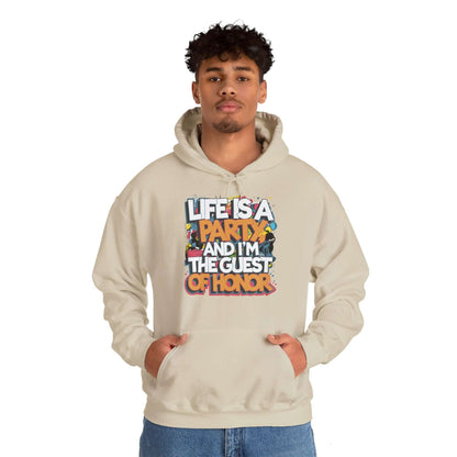 Unisex hoodie featuring 'Life is a party and I'm the guest of honor' quote with colorful party scene background.