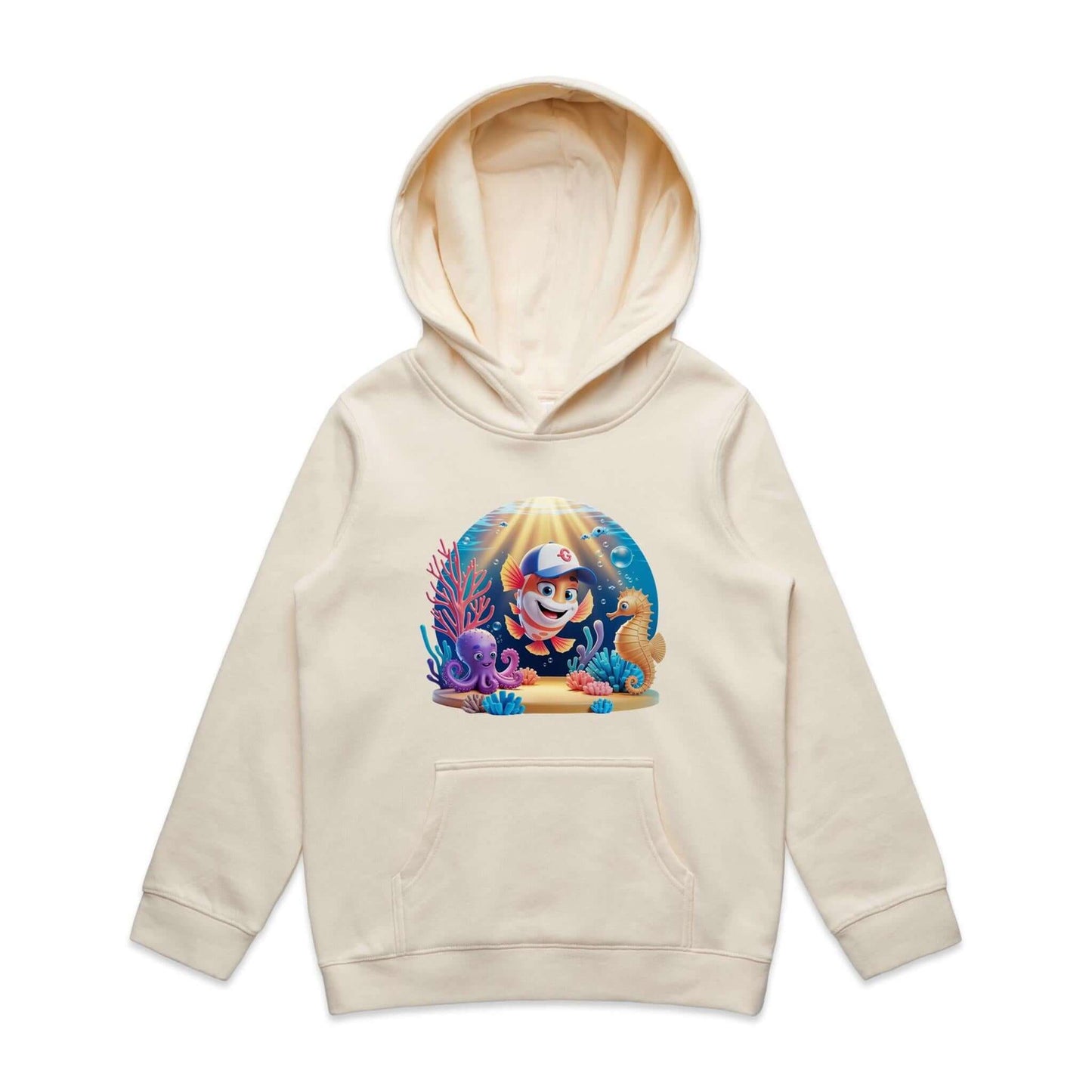 AS Colour Sea Life Youth Hoodie with colorful cartoon fish, octopus, and seahorse design, perfect for kids' fashion.