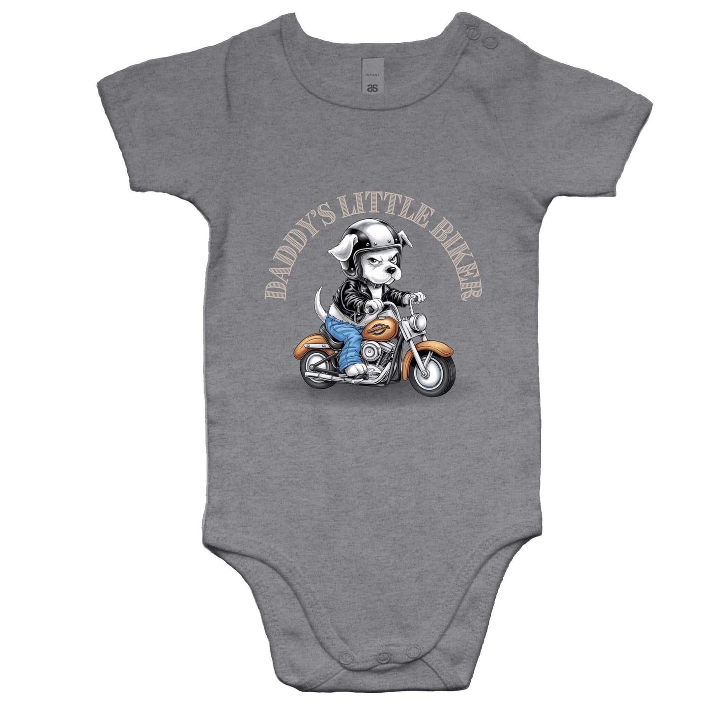 Baby onesie featuring cute puppy on a Davidson Junior with 'Daddy's Little Biker' text, ideal for dog lovers.