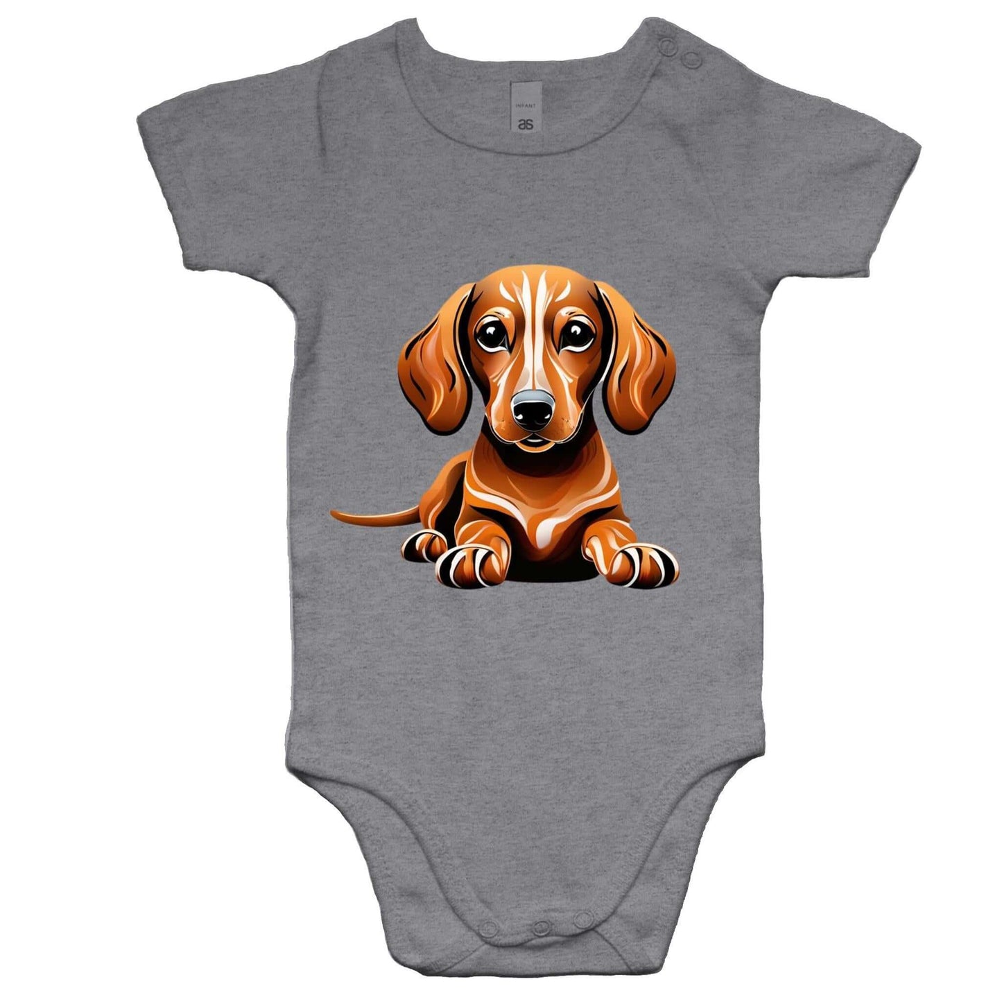 Tan Dachshund puppy graphic on grey baby onesie, perfect for dog lovers and animal enthusiasts.