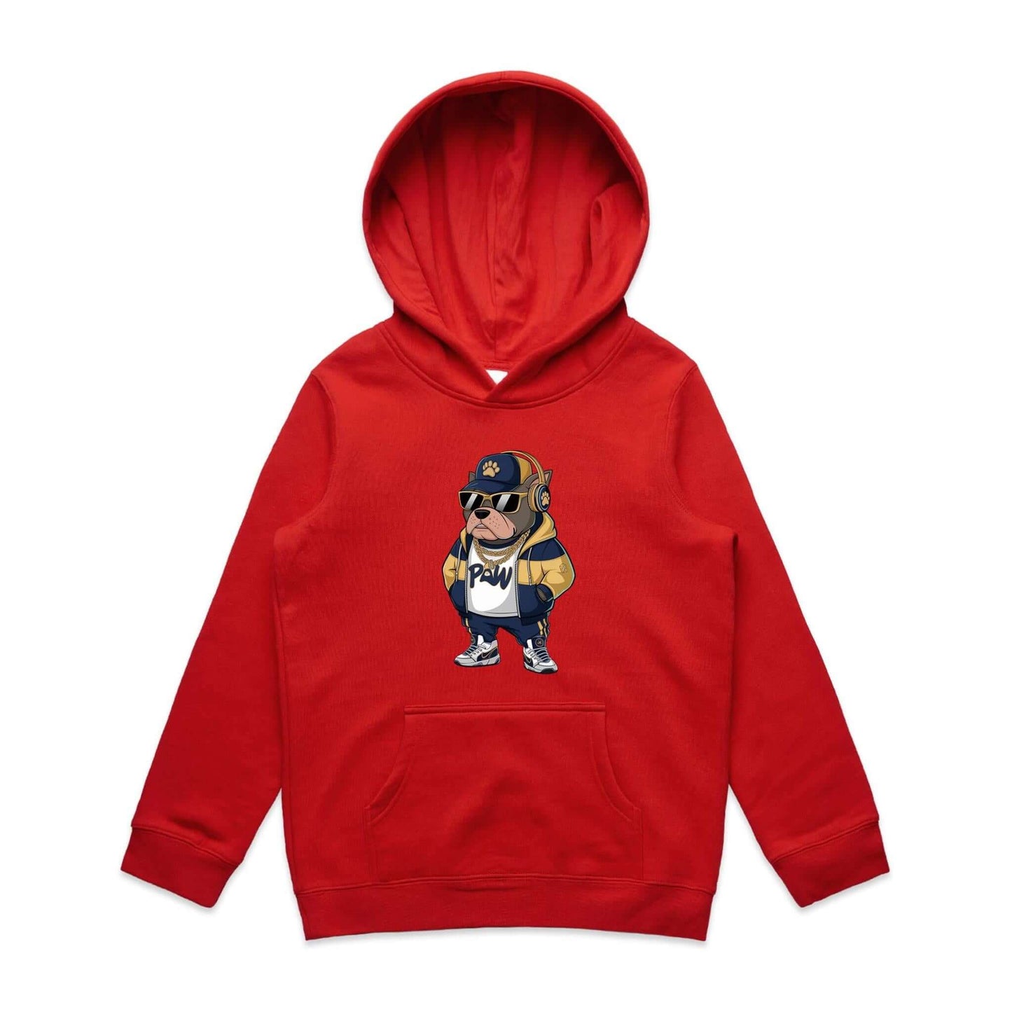 AS Colour kid's hoodie featuring a gangster Pit Bull Dog in a hoodie, headphones, sunglasses, and gold chains.